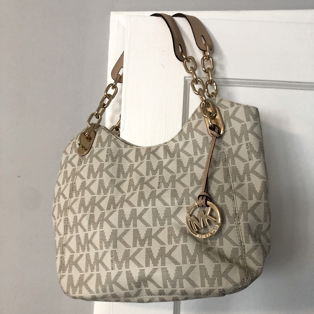 Michael Kors Cream Coated Canvas and Leather Jet Set Travel Chain Shoulder Bag
